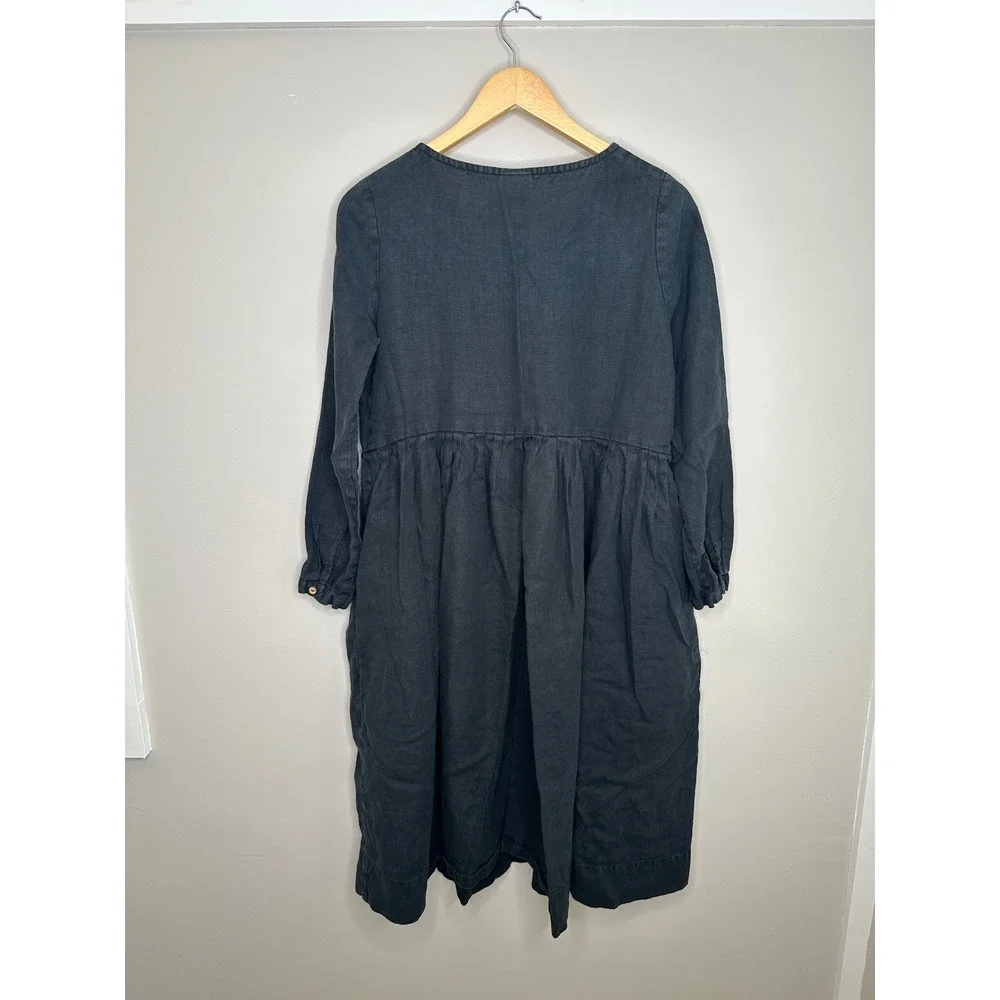 Son de Flor‎ Black Linen Dress XS Long Sleeve Cottagecore Minimalist Pockets